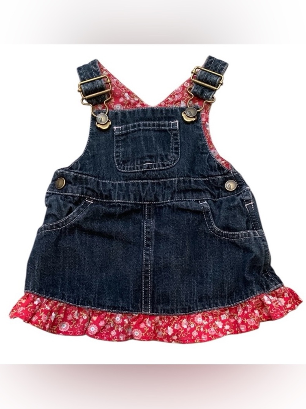 Gymboree Denim Floral Overall Jumper Dress 0-3 Months Pockets Cotton Red Blue